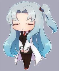 Rule 34 | 1girl, angela (project moon), black skirt, black vest, blue hair, breasts, brown pantyhose, chibi, closed eyes, closed mouth, collared shirt, commentary request, full body, grey background, kulenoa, lab coat, lobotomy corporation, long hair, long sleeves, medium breasts, necktie, no nose, one side up, outline, pantyhose, parted bangs, pencil skirt, project moon, red footwear, red necktie, shirt, simple background, skirt, solo, vest, white outline, white shirt