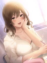 Rule 34 | 1girl, 3ri10te, bad id, bad twitter id, black bra, blush, bra, breasts, brown eyes, brown hair, cleavage, collared shirt, commentary request, curtains, dutch angle, hair between eyes, highres, holding, holding pencil, indoors, jewelry, large breasts, long hair, looking at viewer, necklace, open mouth, original, paper, pencil, pencil case, shirt, sitting, underwear, white shirt, window