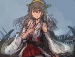 Rule 34 | 1girl, bare shoulders, blue background, breasts, brown eyes, detached sleeves, grey hair, hair between eyes, hand on own chest, haruna (kancolle), headgear, highres, japanese clothes, kantai collection, long hair, moor, nontraditional miko, red skirt, rigging, simple background, skirt, smile, solo