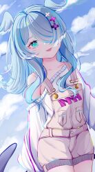 Rule 34 | 1girl, blue eyes, blue hair, blue wings, elira pendora, elira pendora (1st costume), grey overalls, hair ornament, hair over one eye, head wings, highres, long hair, multicolored hair, nijisanji, nijisanji en, nio (niorine), off shoulder, one eye covered, open mouth, overall shorts, overalls, smile, solo, sweater, virtual youtuber, white hair, white sweater, wings, x hair ornament