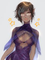 Rule 34 | 1girl, warrior of light (ff14), black hair, borrowed character, breasts, brown eyes, cape, cleavage, cleavage cutout, clothing cutout, commission, dark-skinned female, dark skin, dress, elezen, elf, fictional persona, final fantasy, final fantasy xiv, glasses, hair ornament, hairclip, highres, janelle colbernoux, large breasts, lips, looking at viewer, pointy ears, purple dress, see-through, semi-rimless eyewear, short hair, smile, solo, swept bangs, under-rim eyewear, underboob, underboob cutout, unxi