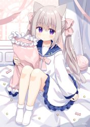 Rule 34 | 1girl, :o, animal ear fluff, animal ears, bed, blue sailor collar, blush, bow, cat ears, cat girl, cat tail, commentary request, curtains, dress, frilled dress, frilled pillow, frills, grey hair, hair between eyes, highres, holding, holding pillow, long hair, looking at viewer, nakkar, no shoes, original, parted lips, pillow, pink bow, purple eyes, sailor collar, sailor dress, socks, solo, tail, twintails, very long hair, white dress, white socks