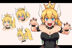 Rule 34 | 1girl, bare shoulders, blue eyes, blush, borrowed character, bowsette, breasts, brooch, choker, claw pose, cleavage, collar, crown, dream demon, dress, earrings, embarrassed, expressions, face, fang, fang out, fingernails, forked eyebrows, hair between eyes, horns, jewelry, large breasts, long fingernails, looking at viewer, mario, mario (series), nail polish, new super mario bros. u deluxe, nintendo, open mouth, pointy ears, ponytail, profile, sharp teeth, short hair, simple background, strapless, strapless dress, studded bracelet, studded collar, super crown, teeth