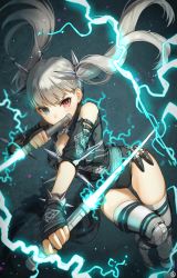 Rule 34 | 1girl, absurdres, black gloves, black leotard, blue eyes, blunt bangs, bracelet, breasts, cleavage, contrapposto, covered mouth, cyphers, dual wielding, electricity, energy sword, fingerless gloves, floating hair, gloves, grey hair, grey thighhighs, hair ornament, heterochromia, hieung, highres, holding, holding sword, holding weapon, jewelry, knee up, leotard, long hair, looking at viewer, medium breasts, red eyes, signature, solo, spiked bracelet, spikes, standing, sword, thighhighs, thighs, trixie (cyphers), twintails, weapon