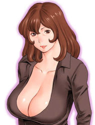 Rule 34 | 1girl, breasts, brown eyes, brown hair, casual, cleavage, female focus, gradient background, large breasts, lipstick, long hair, lowres, lupin iii, makeup, mine fujiko, shirt, solo, takasugi kou, tms entertainment, white background