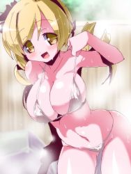 Rule 34 | 10s, 1girl, bikini, blonde hair, breasts, cleavage, collarbone, drill hair, large breasts, mahou shoujo madoka magica, mahou shoujo madoka magica (anime), miuku (marine sapphire), open mouth, steam, swimsuit, tomoe mami, twin drills, twintails, wet, yellow eyes