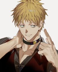Rule 34 | 1boy, blonde hair, choker, cocacell, collared shirt, grey background, grey shirt, hand on own neck, highres, index finger raised, kimi ga shine, male focus, parted lips, red vest, shinogi keiji, shirt, simple background, solo, spiked hair, upper body, vest
