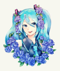 Rule 34 | 1girl, bad id, bad pixiv id, bare shoulders, blue eyes, blue flower, blue hair, blue rose, flower, hair flower, hair ornament, hatsune miku, long hair, matching hair/eyes, necktie, okimaru, open mouth, rose, sleeveless, smile, solo, twintails, vocaloid