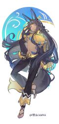 Rule 34 | 1girl, absurdres, animal ears, anubis (palworld), black hair, black pants, black tail, blue eyes, blue nails, breasts, chinese commentary, dark-skinned female, dark skin, detached sleeves, earrings, egyptian, full body, gold trim, hand on own hip, heiyazi qaq, highres, jackal ears, jackal girl, jackal tail, jewelry, leg up, long hair, long sleeves, midriff, multicolored tail, nail polish, navel, open mouth, palworld, pants, personification, small breasts, solo, striped sleeves, tail, toe ring, toenail polish, toenails, twitter username, two-tone tail, underboob, vertical-striped sleeves, very long hair, yellow tail