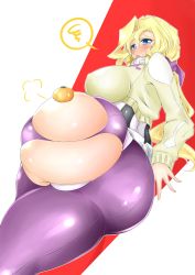 Rule 34 | 1girl, ass, blonde hair, blue eyes, bodysuit, breasts, covered erect nipples, huge ass, huge breasts, katou kiyomasa, kyoukaisenjou no horizon, long hair, purple bodysuit, silk (artist), skindentation, solo, spoken squiggle, squiggle, thick thighs, thighs, torn bodysuit, torn clothes