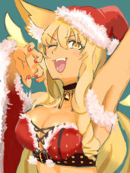Rule 34 | 1girl, animal ear fluff, animal ears, arm up, armpits, artist request, bare shoulders, bell, blonde hair, breasts, choker, claw pose, cleavage, collarbone, dark-skinned female, dark skin, detached sleeves, energy wings, fate/grand order, fate/grand order arcade, fate (series), fox ears, fox girl, fox tail, fur trim, hat, large breasts, long hair, looking at viewer, nail polish, neck bell, one eye closed, open mouth, santa costume, santa hat, smile, suzuka gozen (fate), suzuka gozen (santa) (fate), tail, tan, wide sleeves, wings