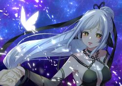 Rule 34 | 1girl, animal ears, aquaplus, arm up, black dress, blush, breasts, bright pupils, bug, butterfly, chain, choker, cleavage, collarbone, dress, gradient hair, hair ornament, hair ribbon, high ponytail, holding hands, insect, kuon (utawarerumono), kuon tenshi, lips, long hair, looking at viewer, medium breasts, midriff, multicolored hair, night, orange eyes, outdoors, parted lips, pepeta8pepe, ponytail, pov, pov hands, raised eyebrows, ribbon, rinne, see-through, see-through sleeves, sidelocks, sleeveless, solo focus, spoilers, swept bangs, tearing up, tears, upper body, utawarerumono, utawarerumono: futari no hakuoro, utawarerumono: lost flag, very long hair, white hair, white pupils