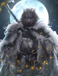 Rule 34 | 1boy, absurdres, animal head, armor, blaidd the half-wolf, breastplate, cape, cloak, elden ring, facial scar, full moon, fur cape, fur cloak, furry, furry male, highres, huge moon, light particles, looking at viewer, male focus, moon, neumo, scar, scar on cheek, scar on face, short hair, solo, straight-on, sword, sword behind back, thick eyebrows, weapon, wolf boy