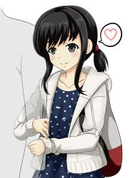 Rule 34 | 1girl, 1other, alternate costume, arm hug, backpack, bag, black eyes, black hair, blue dress, collarbone, commentary request, dress, fubuki (kancolle), heart, highres, hood, hooded jacket, hoodie, jacket, kantai collection, low ponytail, open clothes, open jacket, polka dot, polka dot dress, ponytail, short ponytail, sidelocks, simple background, smile, spoken heart, tk8d32, upper body, white background, white jacket