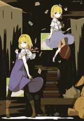 Rule 34 | 2girls, absurdres, alice margatroid, alice margatroid (pc-98), ascot, black legwear, blonde hair, blue eyes, book, bug, butterfly, card, congming lan, cup, dress, dual persona, english text, engrish text, frills, hairband, highres, insect, looking at viewer, looking back, multiple girls, pantyhose, parted lips, playing card, ranguage, short hair, standing, string, string of fate, stuffed animal, stuffed rabbit, stuffed toy, teacup, teapot, touhou, wind, window