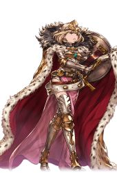 Rule 34 | 10s, 1girl, alpha transparency, armor, armored boots, blonde hair, boots, cape, crown, djeeta (granblue fantasy), dress, full body, fur-trimmed cape, fur trim, granblue fantasy, minaba hideo, official art, open mouth, pink dress, red cape, shield, short hair, side slit, solo, transparent background, walking, weapon master (granblue fantasy)