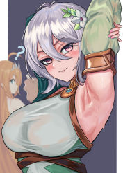 Rule 34 | 2girls, ?, absurdres, aged up, alternate breast size, armpits, arms up, blonde hair, blue eyes, breasts, detached sleeves, eating, fingernails, flower, grey hair, hair between eyes, hair flower, hair ornament, hand on own arm, highres, kokkoro (princess connect!), large breasts, lips, long hair, looking at viewer, looking back, loooyd, multiple girls, nail polish, pink eyes, pink nails, presenting armpit, princess connect!, short hair, smile, sweat
