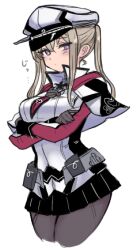 Rule 34 | 1girl, black pantyhose, black skirt, blonde hair, blush, breasts, capelet, closed mouth, cowboy shot, cropped legs, crossed arms, graf zeppelin (kancolle), hair between eyes, hat, kantai collection, large breasts, long hair, long sleeves, looking at viewer, looking to the side, military, military uniform, pantyhose, peaked cap, pleated skirt, purple eyes, sidelocks, simple background, skirt, solo, terrajin, twintails, uniform, white background, white capelet, white hat