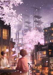 Rule 34 | 1girl, 1other, androgynous, brown hair, brown jacket, cherry blossoms, cityscape, commentary request, cup, dated, drinking glass, food, from behind, highres, holding, holding cup, jacket, jewelry, lantern, necklace, night, open clothes, open jacket, original, people, petals, pochi (poti1990), pollution, railing, red sweater, scenery, shirt, short hair, sign, signature, spring (season), sweater, translation request, white shirt, wide shot