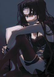 Rule 34 | 1girl, arms on knees, bandaid, bandaid on face, black hair, black nails, black ribbon, breasts, cleavage, closed mouth, cross-laced clothes, crossed legs, grey eyes, highres, knees up, lace-trimmed leotard, lace trim, leotard, long hair, looking at viewer, medium breasts, nail polish, original, own hands together, parted bangs, ribbon, sitting, solo, thigh strap, thighhighs, wata (attaka towel), wrist ribbon