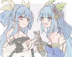 Rule 34 | 2girls, artist request, bare shoulders, blue eyes, blue hair, character request, copyright request, dizzy (guilty gear), guilty gear, guilty gear xrd, hair ornament, holding hands, long hair, multiple girls, twintails, yuri