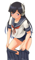 Rule 34 | 1girl, black hair, blue one-piece swimsuit, blue sailor collar, blush, covered navel, cowboy shot, dated, headgear, i-400 (kancolle), kantai collection, long hair, looking at viewer, neckerchief, one-piece swimsuit, one-piece tan, open mouth, pleated skirt, ray.s, red neckerchief, sailor collar, school swimsuit, school uniform, serafuku, shirt, simple background, skirt, smile, solo, swimsuit, swimsuit under clothes, tan, tanline, twitter username, undressing, white background, white shirt