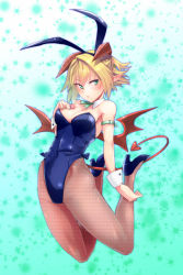 Rule 34 | 1girl, alternate costume, animal ears, bare shoulders, black pantyhose, blonde hair, breasts, cleavage, demon girl, demon tail, detached collar, fishnet pantyhose, fishnets, green eyes, high heels, highres, hinomoto madoka, horns, leotard, looking at viewer, mizuhashi parsee, pantyhose, playboy bunny, pointy ears, rabbit ears, short hair, solo, tail, touhou, wrist cuffs