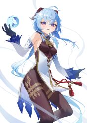 Rule 34 | 1girl, absurdres, ahoge, bare shoulders, bell, black gloves, blue hair, bodystocking, breasts, commentary request, cowbell, detached sleeves, feet out of frame, ganyu (genshin impact), genshin impact, gloves, glow (user hnpv7785), goat horns, gold trim, hand up, highres, horns, korean commentary, long hair, long sleeves, looking at viewer, low ponytail, neck bell, parted lips, purple eyes, sidelocks, simple background, small breasts, solo, standing, white background, white sleeves
