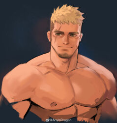 Rule 34 | 1boy, abs, absurdres, bara, blonde hair, commission, cropped torso, dopey (dopq), facial hair, facial scar, gift art, goatee, gyee, highres, large pectorals, long sideburns, looking to the side, male focus, mature male, muscular, muscular male, nipples, nude, original, pectorals, romg, scar, scar across eye, scar on cheek, scar on face, second-party source, short hair, sideburns, smile, solo, stubble, thick eyebrows, undercut