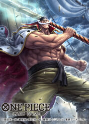 Rule 34 | 1boy, abs, bandana, bare arms, black bandana, clenched hand, clenched teeth, coat, coat on shoulders, commentary request, edward newgate, english text, epaulettes, facial hair, holding, holding polearm, holding weapon, male focus, muscular, muscular male, official art, one piece, open clothes, outdoors, polearm, smile, solo, tatsuya (atelier road), teeth, translation request, weapon