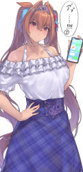 Rule 34 | 1girl, absurdres, animal ears, bare shoulders, blue skirt, blush, breasts, brown hair, cellphone, cleavage, collarbone, daiwa scarlet (umamusume), frills, hair intakes, hand on own hip, highres, horse ears, horse girl, horse tail, large breasts, long hair, looking at viewer, off-shoulder shirt, off shoulder, phone, plaid, plaid skirt, red eyes, sawayuzu, shirt, simple background, skirt, solo, tail, tiara, translation request, twintails, umamusume, very long hair, white background, white shirt
