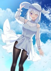 Rule 34 | 1girl, ;d, arm up, black pantyhose, blue sky, blush, breasts, cloud, cloudy sky, commentary request, day, detached sleeves, dress, dutch angle, gurande (g-size), hair between eyes, hair ornament, hairclip, hand on headwear, hat, highres, long sleeves, medium breasts, one eye closed, open mouth, original, outdoors, pantyhose, puffy long sleeves, puffy sleeves, purple eyes, see-through, see-through sleeves, silver hair, sky, sleeveless, sleeveless dress, smile, solo, standing, sun hat, teeth, thighband pantyhose, upper teeth only, white dress, white hat, white sleeves