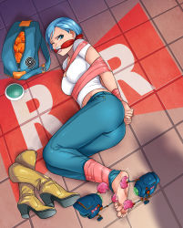 Rule 34 | 1girl, abduction, absurdres, ass, barefoot, bdsm, belly, blue eyes, blue hair, bondage, bound, bound ankles, bound wrists, breasts, bulma, cleavage, cleave gag, cloth gag, denim, dragon ball, dragon ball (object), dragon ball super, dragon radar, earrings, feet, gag, gagged, highres, improvised gag, jeans, jewelry, kidnapped, lipstick, lost one zero, makeup, navel, one eye closed, pants, shadow, shirt, shoes, unworn shoes, sweat, tape, tape bondage, tickling, toes, white shirt