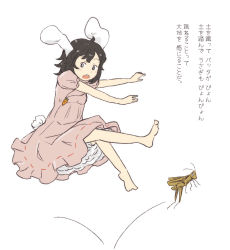 Rule 34 | 1girl, animal ears, black hair, bug, carrot, carrot necklace, chi-kun (seedyoulater), chii-kun (seedyoulater), dress, grasshopper, inaba tewi, insect, jewelry, necklace, open mouth, pendant, pink dress, rabbit ears, short hair, solo, touhou, translation request