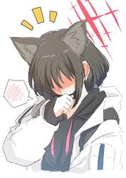 Rule 34 | 1girl, animal ear fluff, animal ears, black shirt, blue archive, blush, cat ears, coat, covering own mouth, embarrassed, extra ears, full-face blush, halo, hand up, hariyaa, head down, highres, hood, hood down, hooded coat, hug, kemonomimi mode, long sleeves, mask, misaki (blue archive), mouth mask, notice lines, shirt, short hair, sidelocks, simple background, spoken blush, upper body, white background, white coat