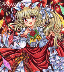 Rule 34 | 1girl, adapted costume, ascot, back bow, blonde hair, blush, bow, buttons, center frills, collared shirt, crystal, dark background, fang, flandre scarlet, flower, frilled shirt, frilled shirt collar, frilled sleeves, frills, hair between eyes, hat, hat bow, hat ribbon, head tilt, juliet sleeves, layered skirt, long hair, long skirt, long sleeves, looking at viewer, marker (medium), mob cap, multicolored wings, one side up, open mouth, puffy sleeves, red background, red bow, red eyes, red flower, red ribbon, red rose, red skirt, ribbon, rose, rui (sugar3), sample watermark, shirt, skirt, skirt hold, solo, touhou, traditional media, watermark, white bow, white hat, white shirt, wings, yellow ascot