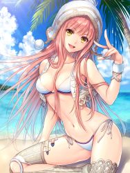 Rule 34 | 1girl, :d, bare arms, bare shoulders, beach, bikini, blue sky, breasts, cleavage, cloud, cloudy sky, collarbone, commentary request, day, fate/grand order, fate (series), floating hair, hagino kouta, hand up, head tilt, highres, horizon, long hair, looking at viewer, medb (fate), medb (swimsuit saber) (fate), medb (swimsuit saber) (third ascension) (fate), medium breasts, navel, ocean, open mouth, outdoors, palm tree, pink hair, pom pom (clothes), revision, shadow, side-tie bikini bottom, sitting, sky, smile, solo, sunlight, swimsuit, thighhighs, tree, twitter username, very long hair, water, white bikini, white headwear, yellow eyes
