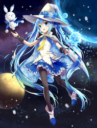 Rule 34 | 1girl, aqua eyes, blue hair, cape, drogoth, hat, hatsune miku, highres, long hair, looking at viewer, open mouth, pantyhose, rabbit, skirt, snowflakes, solo, twintails, very long hair, vocaloid, wand, witch hat, yuki miku, yukine (vocaloid)