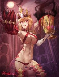 Rule 34 | absurdres, blonde hair, blood, breasts, crown, cup, dark persona, fate/grand order, fate (series), gauntlet, chalice, highres, large breasts, nero claudius (fate), nero claudius (fate) (all), queen draco (fate), radishkek, red eyes, tattoo, wine cup