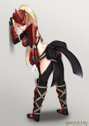 Rule 34 | 1girl, against wall, armor, armored boots, artist name, barefoot, blonde hair, blue eyes, boots, breasts, commission, cowfee, full body, gloves, highres, large breasts, leaning forward, long hair, looking at viewer, mask, mask on head, midriff, monster hunter (series), monster hunter: world, odogaron (armor), pauldrons, ponytail, shoulder armor, simple background, smile, solo, vambraces