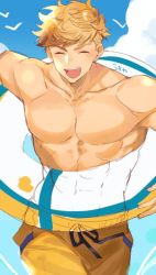 Rule 34 | 1boy, abs, arm up, bara, bird wings, blonde hair, blush, closed eyes, cloud, cloudy sky, cowboy shot, granblue fantasy, green eyes, higashigunkan, large pectorals, light, male focus, muscular, navel, open mouth, pants, partially colored, pectorals, shirt, simple background, sky, smile, solo, summer, swimsuit, toned, toned male, topless male, upper body, vane (granblue fantasy), white background, wings