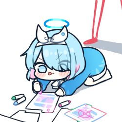Rule 34 | 1girl, :p, doodle sensei (blue archive), arona (blue archive), blue archive, blue eyes, blue hair, blush, chibi, commentary request, crayon, envelope, hair ornament, hair over one eye, halo, headband, kneeling, korean commentary, multicolored hair, piki (itpiki), sensei (blue archive), short hair, simple background, solo focus, tongue, tongue out, two-tone hair, white background