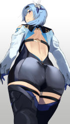 Rule 34 | 1girl, ass, backless leotard, backless outfit, blue hair, blush, embarrassed, eula (genshin impact), from behind, from below, genshin impact, gloves, hairband, highres, huge ass, leotard, long sleeves, looking at viewer, looking back, okpriko, skindentation, solo, thighhighs, thighs
