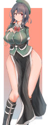 Rule 34 | 1girl, absurdres, belt, beret, black hair, black skirt, black socks, blush, bow, bowtie, breasts, chikuma (kancolle), chikuma (kancolle) (cosplay), closed mouth, commentary request, cosplay, green hat, green jacket, hat, highres, jacket, kantai collection, kneehighs, large breasts, long skirt, pelvic curtain, red bow, red bowtie, red eyes, saamon (salmonkomaku), short hair, side slit, skirt, socks, solo, takao (kancolle)