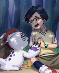Rule 34 | claws, digimon, fangs, glasses, gomamon, green eyes, kido jo, looking at another, open mouth