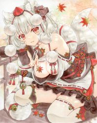 Rule 34 | 1girl, absurdres, alternate costume, animal ear fluff, animal ears, autumn leaves, bare shoulders, bell, breasts, bridal gauntlets, closed mouth, fox mask, fur collar, hanging breasts, hat, highres, inubashiri momiji, japanese clothes, jingle bell, kisarush, kneehighs, leaf, leaning forward, leaning on object, light smile, lips, looking at viewer, low neckline, maple leaf, marker (medium), mask, mask on head, medium breasts, medium hair, no bra, pom pom (clothes), red eyes, ribbon-trimmed legwear, ribbon trim, seiza, signature, sitting, sleeveless, socks, solo, sword, tail, tokin hat, touhou, traditional media, watermark, weapon, white hair, wolf ears, wolf girl, wolf tail