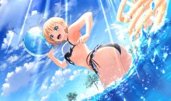 :d ahoge ball beachball bikini blonde_hair cinderella_series cloud contrail cumulonimbus_cloud dutch_angle feet_out_of_frame frilled_bikini frills from_behind from_below game_cg green_eyes hachigatsu_no_cinderella_nine highres holding holding_ball holding_beachball light_rays looking_ahead nishinomiya_arisu non-web_source official_art open_mouth outdoors palm_tree short_hair side-tie_bikini_bottom sky smile splashing star_(symbol) star_in_eye string_bikini sunbeam sunlight swimsuit symbol_in_eye teeth tree two-tone_bikini upper_teeth_only wading water water_drop water_slide wet