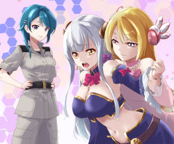 Rule 34 | 3girls, aizawa kazuha, assault lily, asymmetrical hair, bare shoulders, behind another, belt, black belt, blonde hair, blue background, blue eyes, blue hair, blue skirt, blue sleeves, blunt bangs, bow, bowtie, braid, breasts, chiyoda momo, chiyoda momo (cosplay), choker, cleavage, closed mouth, commentary request, commission, cosplay, crop top, demon horns, detached collar, detached sleeves, dress, earth federation, frilled choker, frilled sleeves, frills, gold trim, gradient background, grey background, grey jacket, grey pants, gundam, hair behind ear, hair bow, hair ornament, hairclip, hand on another&#039;s cheek, hand on another&#039;s face, hand up, hands on own hips, hands up, highres, holding another&#039;s wrist, honeycomb (pattern), honeycomb background, horns, jacket, juliet sleeves, kon kanaho, large breasts, leaning forward, long hair, long sleeves, looking at another, looking at viewer, machikado mazoku, medium breasts, medium hair, midriff, military, military uniform, miyagawa takane, multicolored background, multiple girls, naughty face, navel, open mouth, pants, pink bow, pink bowtie, pink choker, pink dress, pink sleeves, pixiv commission, puffy sleeves, purple background, purple bow, purple eyes, raised eyebrows, short sleeves, side braid, sidelocks, silver hair, skirt, smile, standing, stomach, strapless, strapless dress, swept bangs, uniform, urutsu sahari, yellow eyes, yoshida yuuko (machikado mazoku), yoshida yuuko (machikado mazoku) (cosplay), yuri