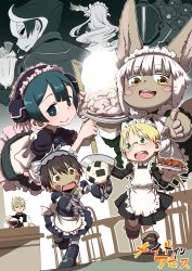 Rule 34 | 10s, animal ears, bad food, blush stickers, body fur, cafe, crossdressing, dropping, food, furry, green eyes, highres, made in abyss, maid, maid headdress, nanachi (made in abyss), onigiri, ozen, pointing, pointing at viewer, regu (made in abyss), riko (made in abyss), uchuu ika, whiskers, white hair
