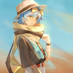 Rule 34 | 1other, absurdres, androgynous, bandaged hand, bandages, black ribbon, blue hair, blue vest, character request, day, from side, goggles, goggles on head, grey sleeves, hat, hat ribbon, highres, looking at viewer, outdoors, ribbon, scarf, short hair, short sleeves, toho10min, upper body, vest, white hat, yellow scarf